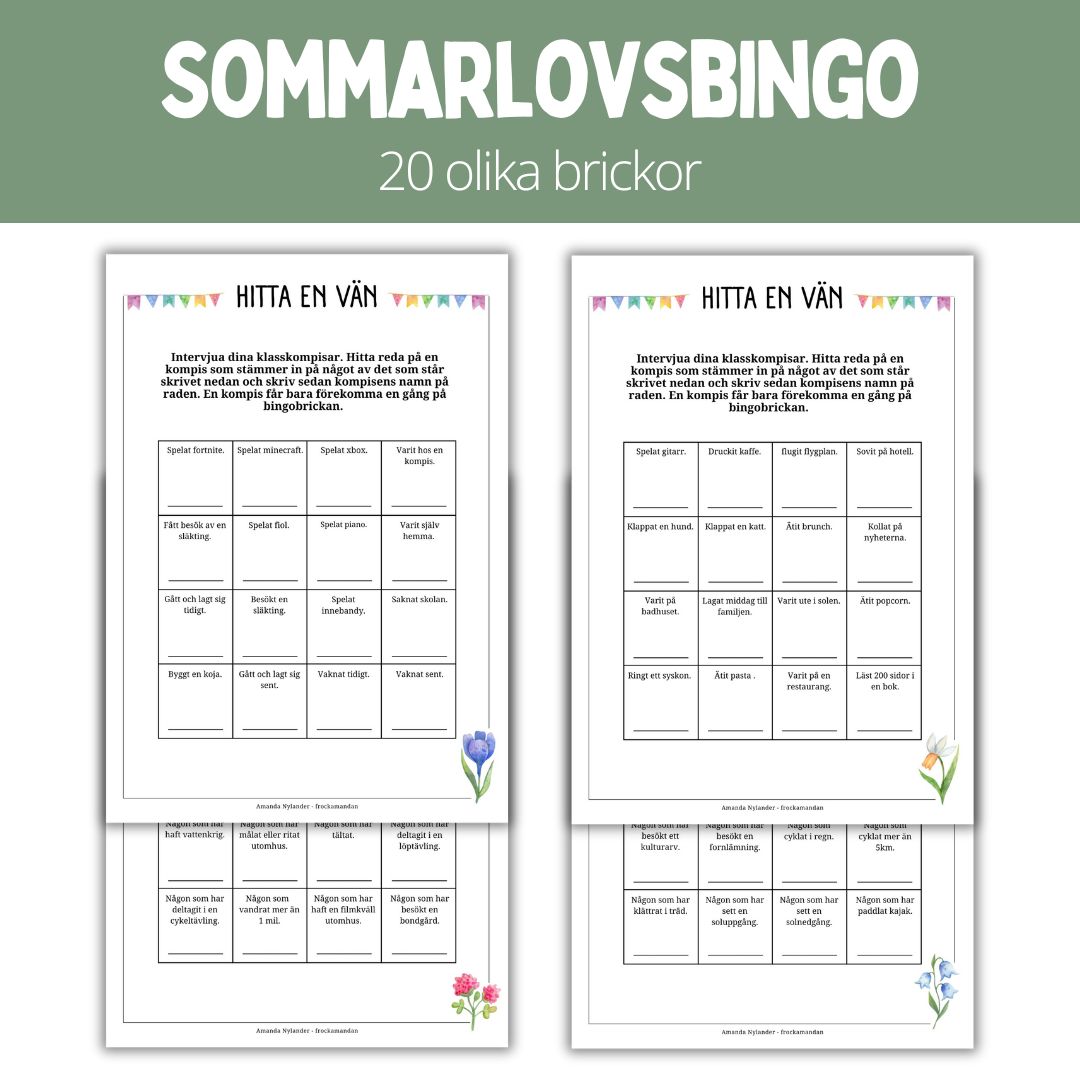 Hitta en kompis - bingo sommarlov - 20 bingobrickor