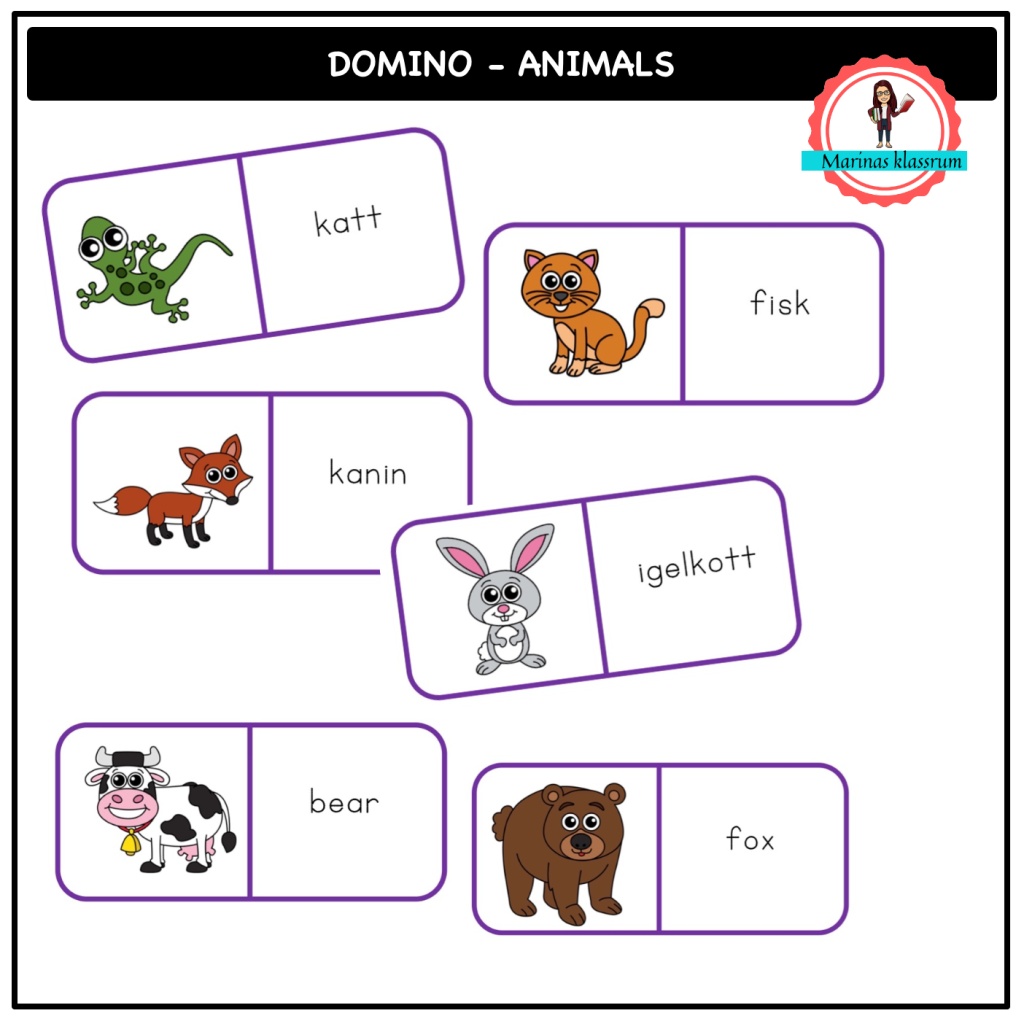 Läsdomino engelska + svenska – djur