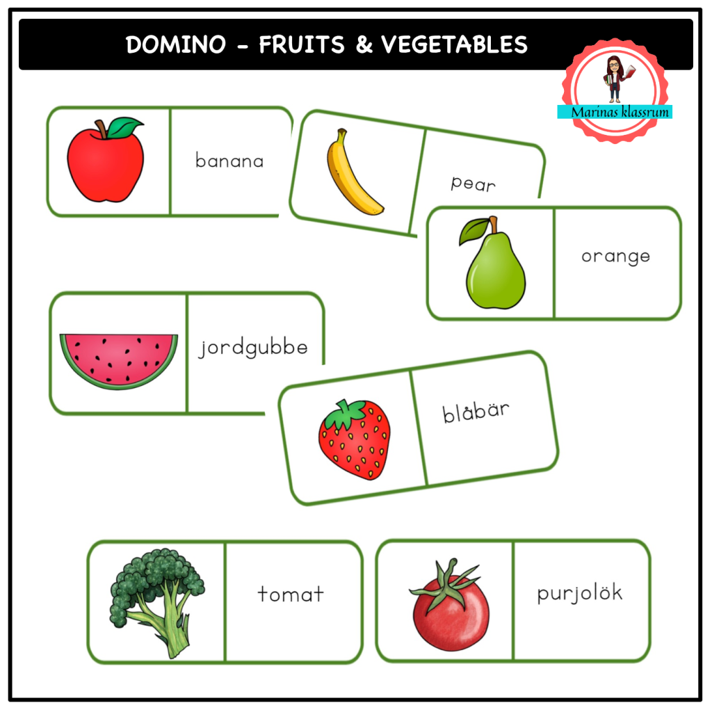 Läsdomino engelska + svenska – frukt & grönsaker