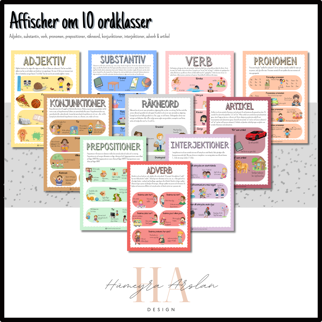 Affischer om 10 olika ordklasser