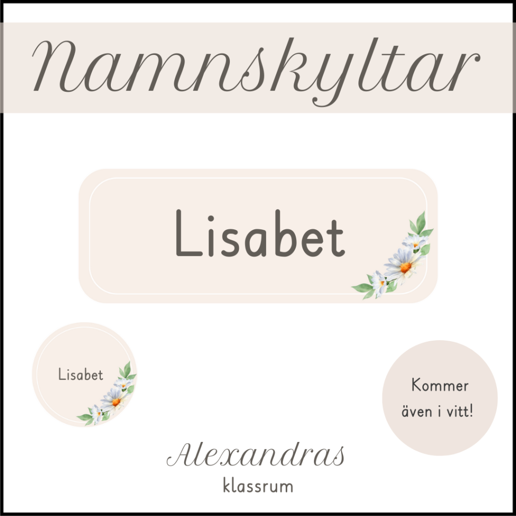 Namnskyltar – både vit och beige design medföljer