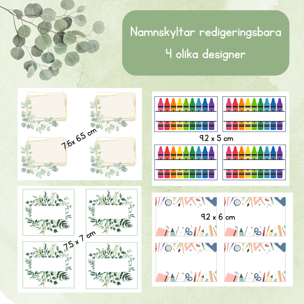 Redigeringsbara namnskyltar 4 olika designer