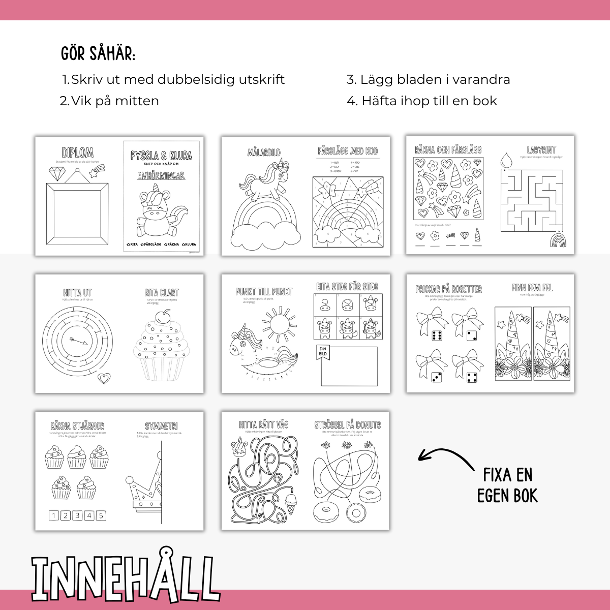 Pyssla och klura: enhörningar (rita, färglägg, räkna, pyssel)