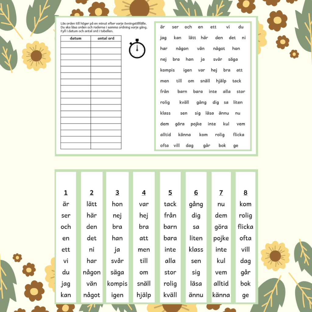 lästräna med ordremsor, nivå 1