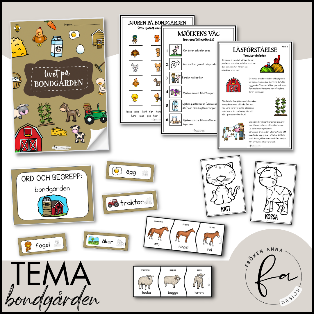 BONDGÅRDEN PAKET: Arbetshäfte, ordkort, målarbilder, hör vi ihop, TAKK mm.