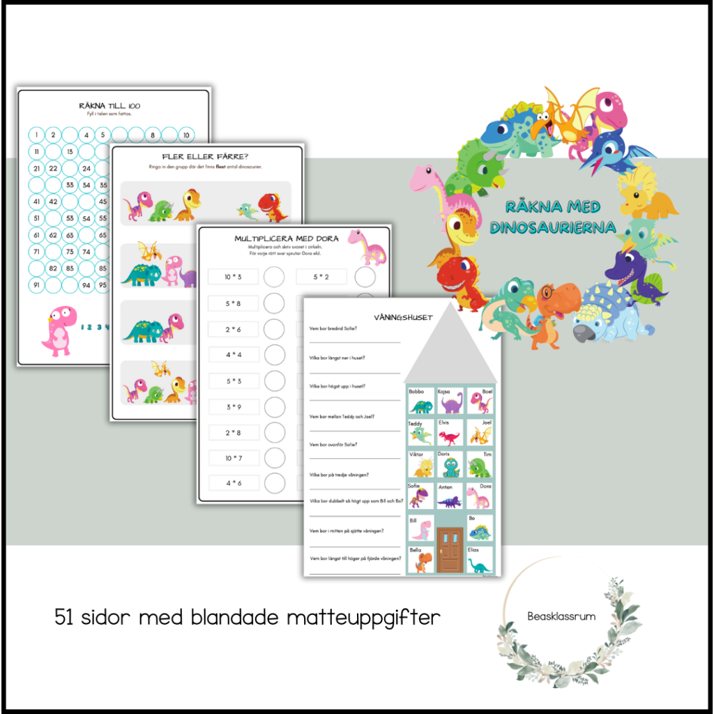 Räkna med dinosaurierna (51 sidor blandade uppgifter)