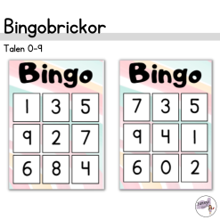 20 stycken bingobrickor med talen 0-9