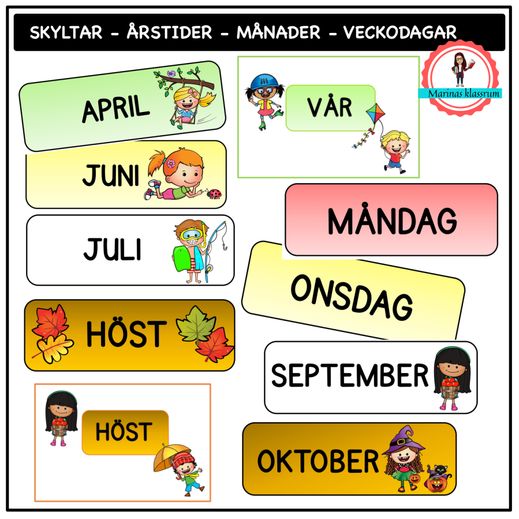 Skyltar till tavlan – årstider, månader, veckodagar