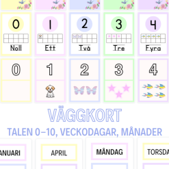 Väggskylt: siffror/tal 0-10, veckodagar & månader (pastellfärger)