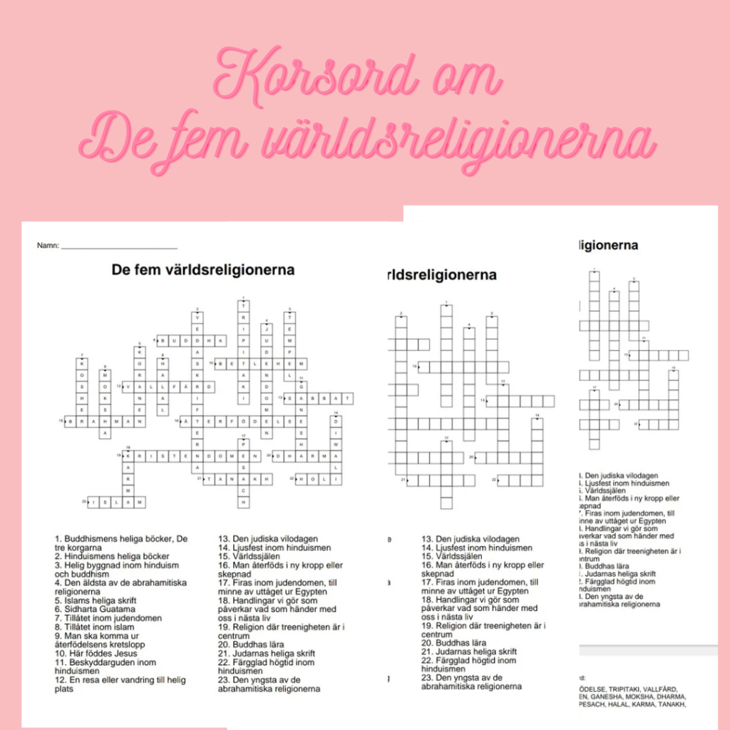 Korsord och ordsök om De fem världsreligionerna