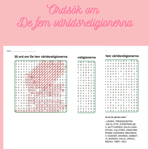 Korsord och ordsök om De fem världsreligionerna