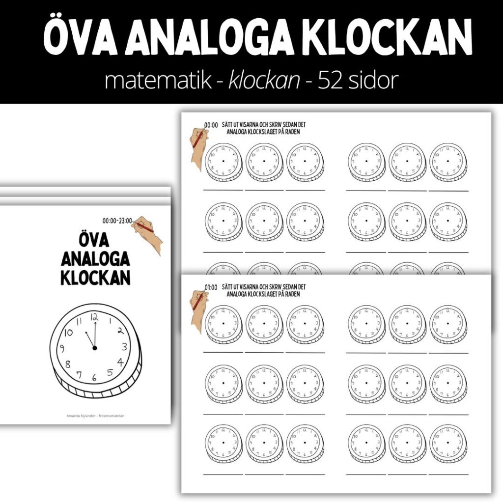 Öva analoga klockan – matematik – 52 sidor – arbetsbok