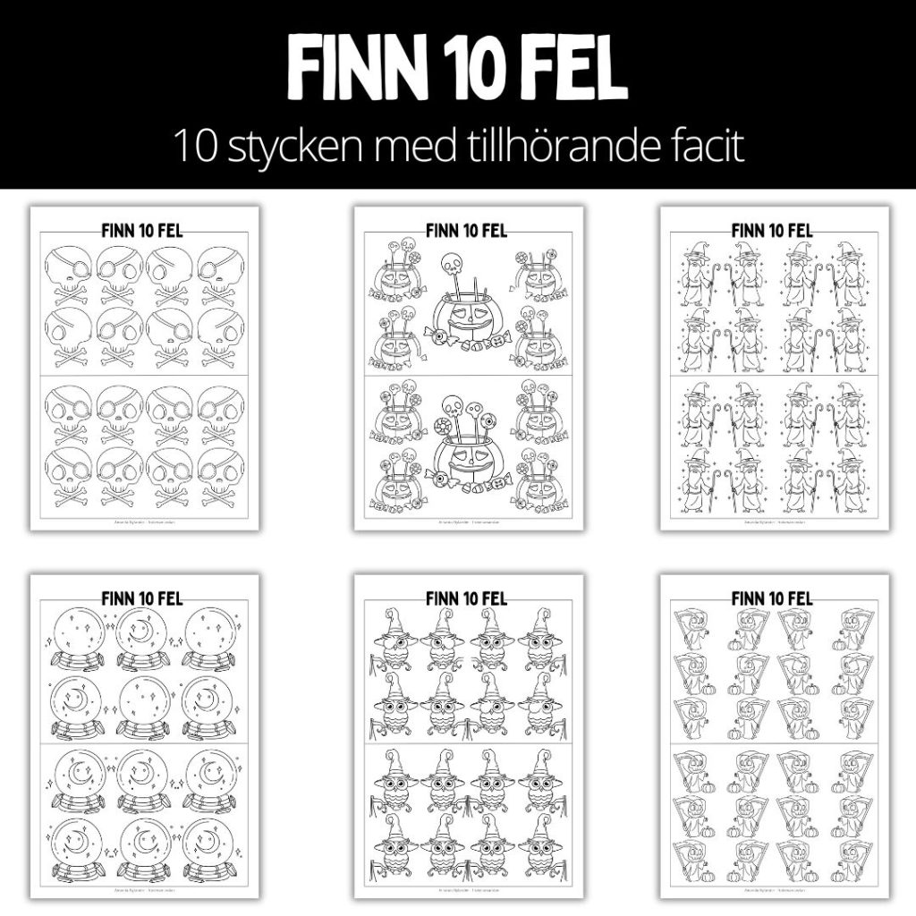 Finn 10 fel – halloween – 10 bilder med tillhörande facit