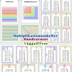 Multiplikationsrutor, multiplikationstabeller, hundrarutor och väggsiffror.