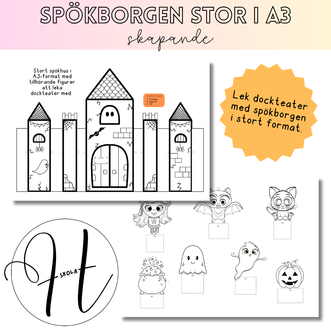 Spökborgen i A3-format för dockteater, med tillhörande figurer