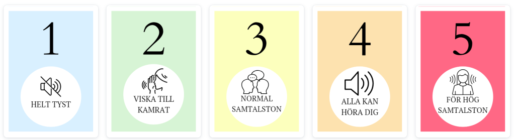 Ljudnivåer 1-5 i ljusa färger (7 olika modeller)