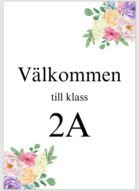 Korridorsskylt (Välkommen till åk, Välkommen till klass 1-9 A,B,C)