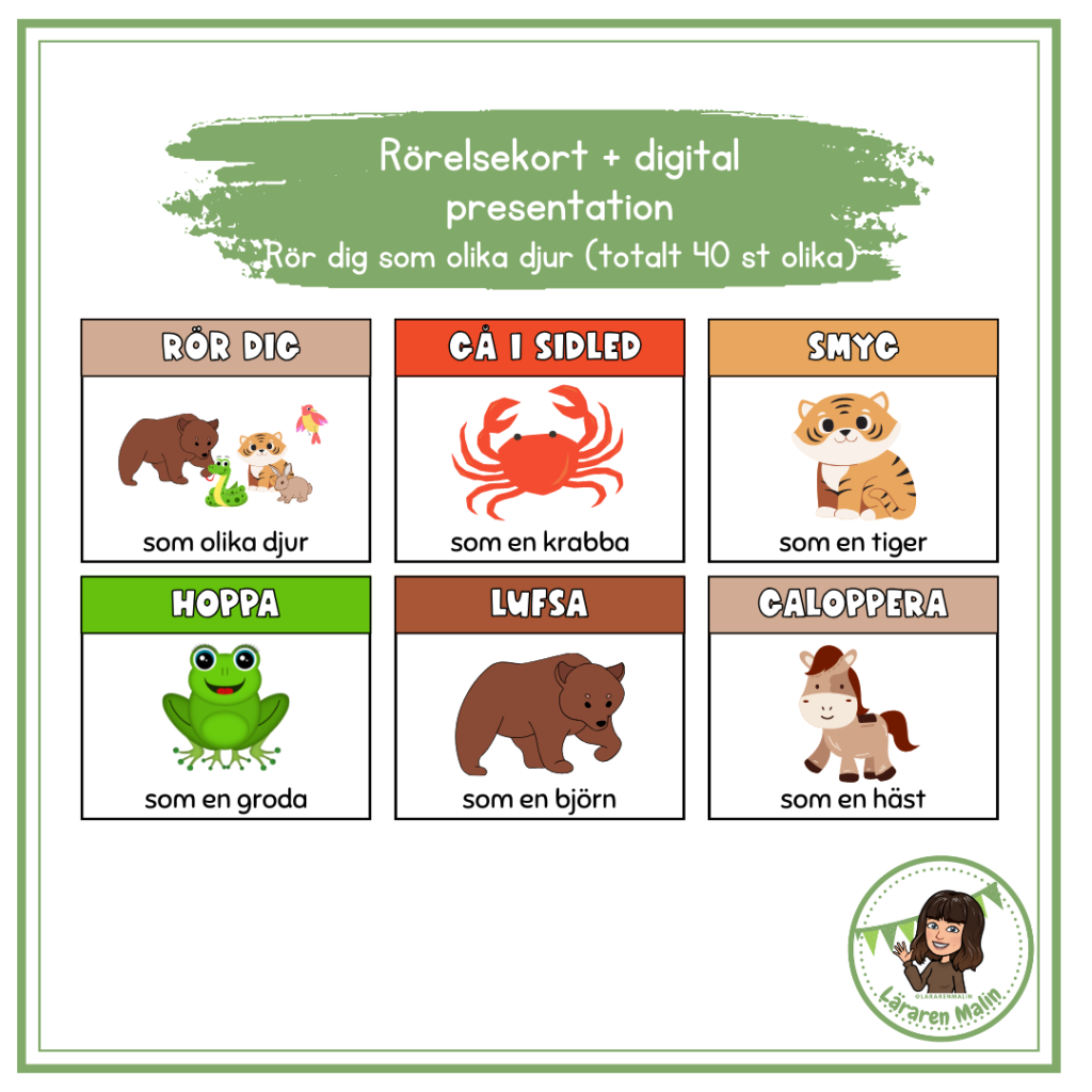 Rörelsekort (rör dig till olika djur) 40 st kort + digital presentation (brain-breaks)