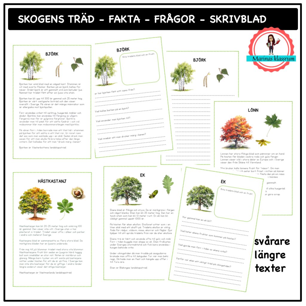 Skogens träd – svårare fakta – frågor – skrivblad