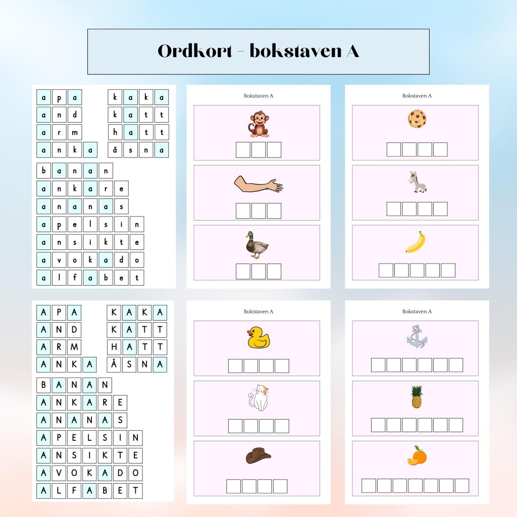 Ordkort – bokstaven A