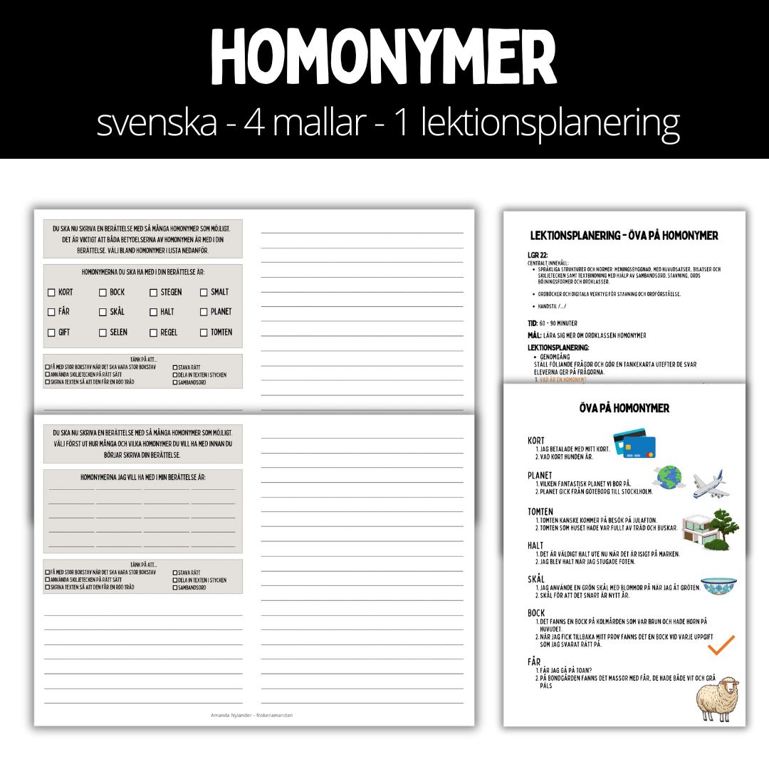 Öva på homonymer - 4 mallar, 1 lektionsplanering