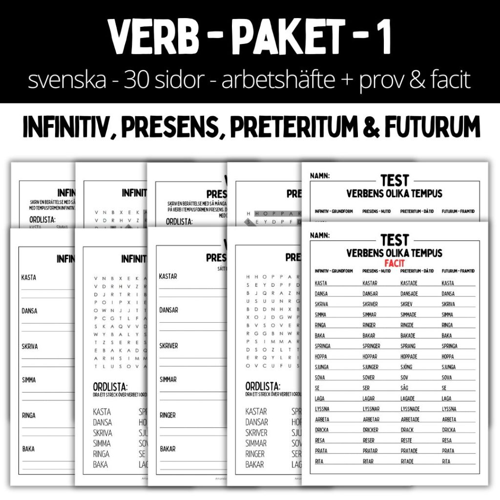 Verb (infinitiv, presens, preteritum & futurum) – 30 sidor – arbetshäfte + prov & facit
