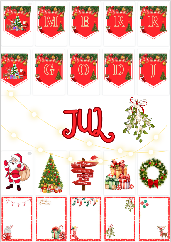 God Jul/Merry Christmas (vimplar, mallar till tipspromenad, bilder att färglägga)