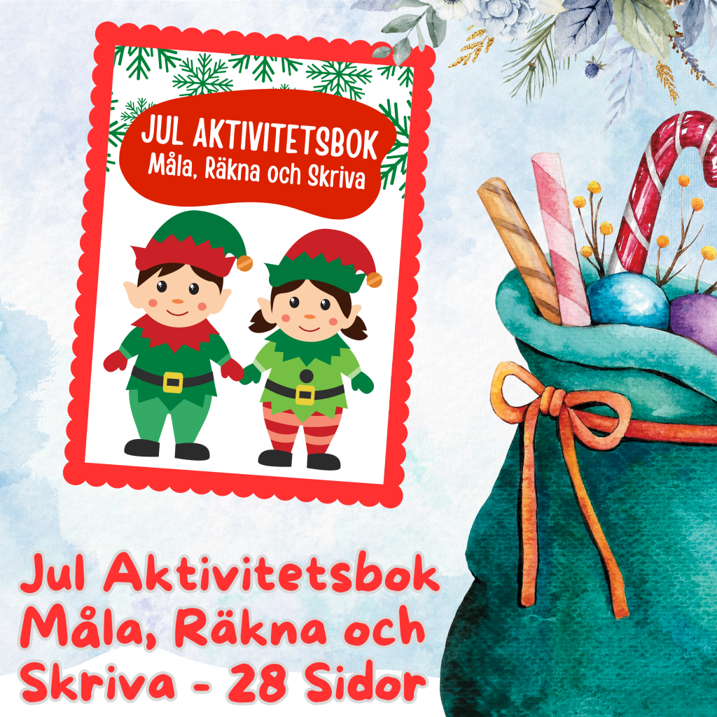Jul Aktivitetsbok – Måla, Räkna och Skriva – 28 Sidor