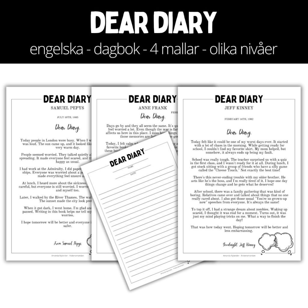 Dear diary – engelska – dagbok – 4 mallar – olika nivåer