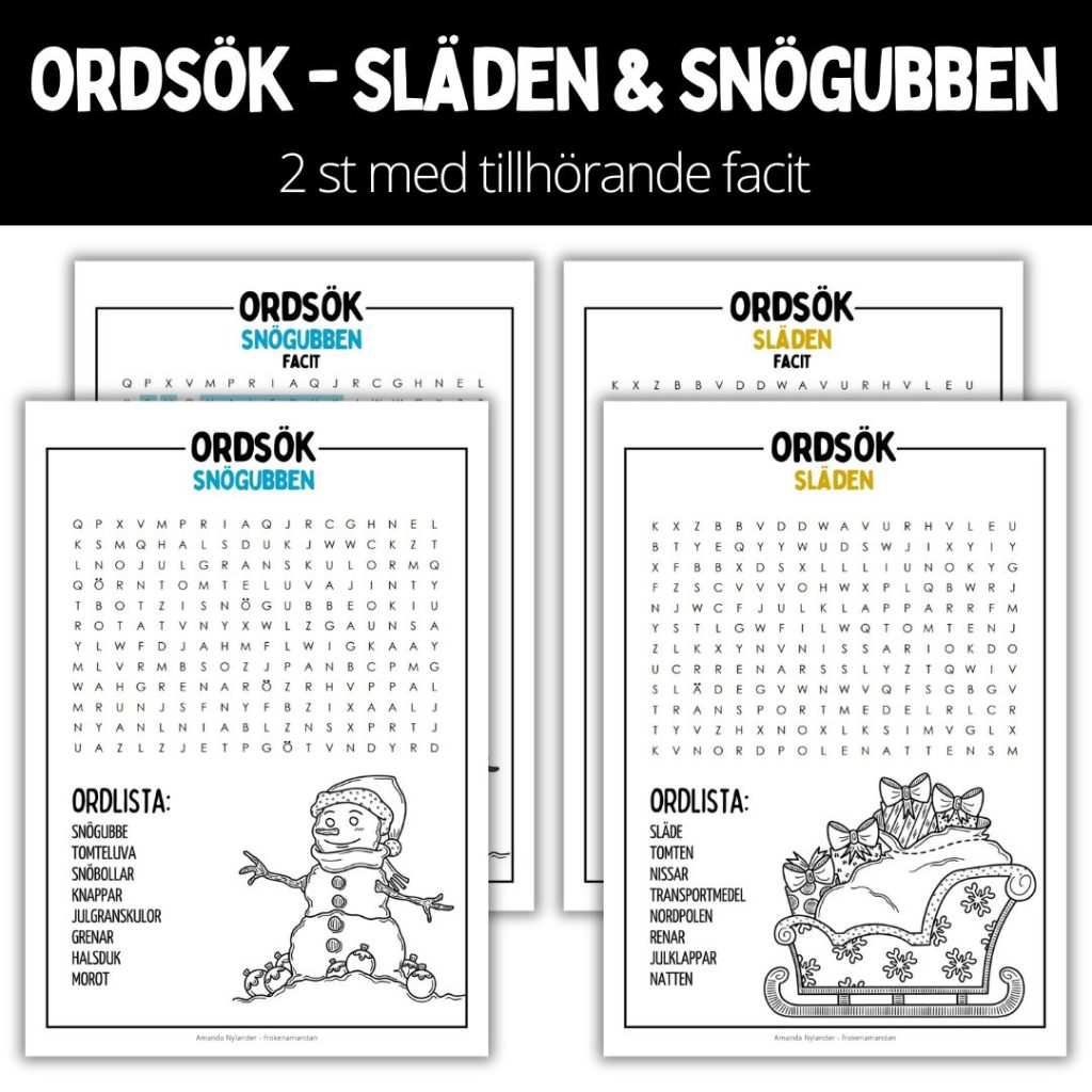 Ordsök – snögubben & släden – 2