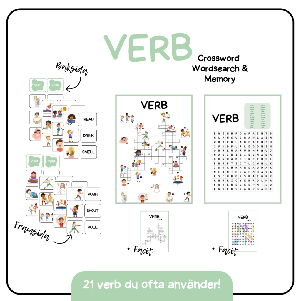 Verb (Memory, crossword and wordsearch + Facit)