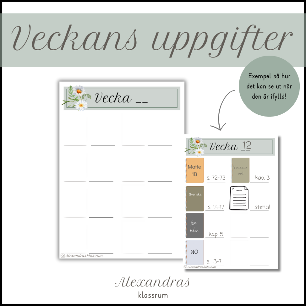 Veckans uppgifter – Tydliggörande struktur för tavlan, bänken eller att skicka hem (grön)