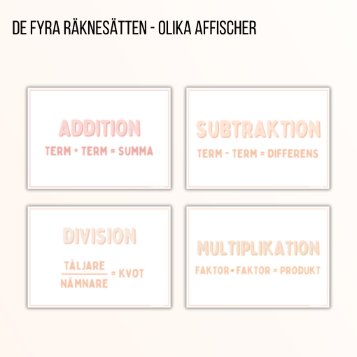 De fyra räknesätten - olika affischer i flera färger