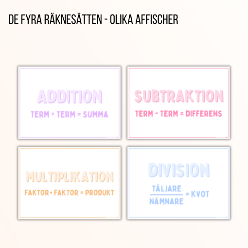De fyra räknesätten - olika affischer i flera färger