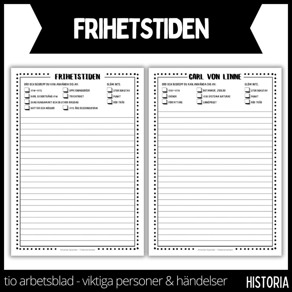 Frihetstiden – händelser och personer – arbetsblad