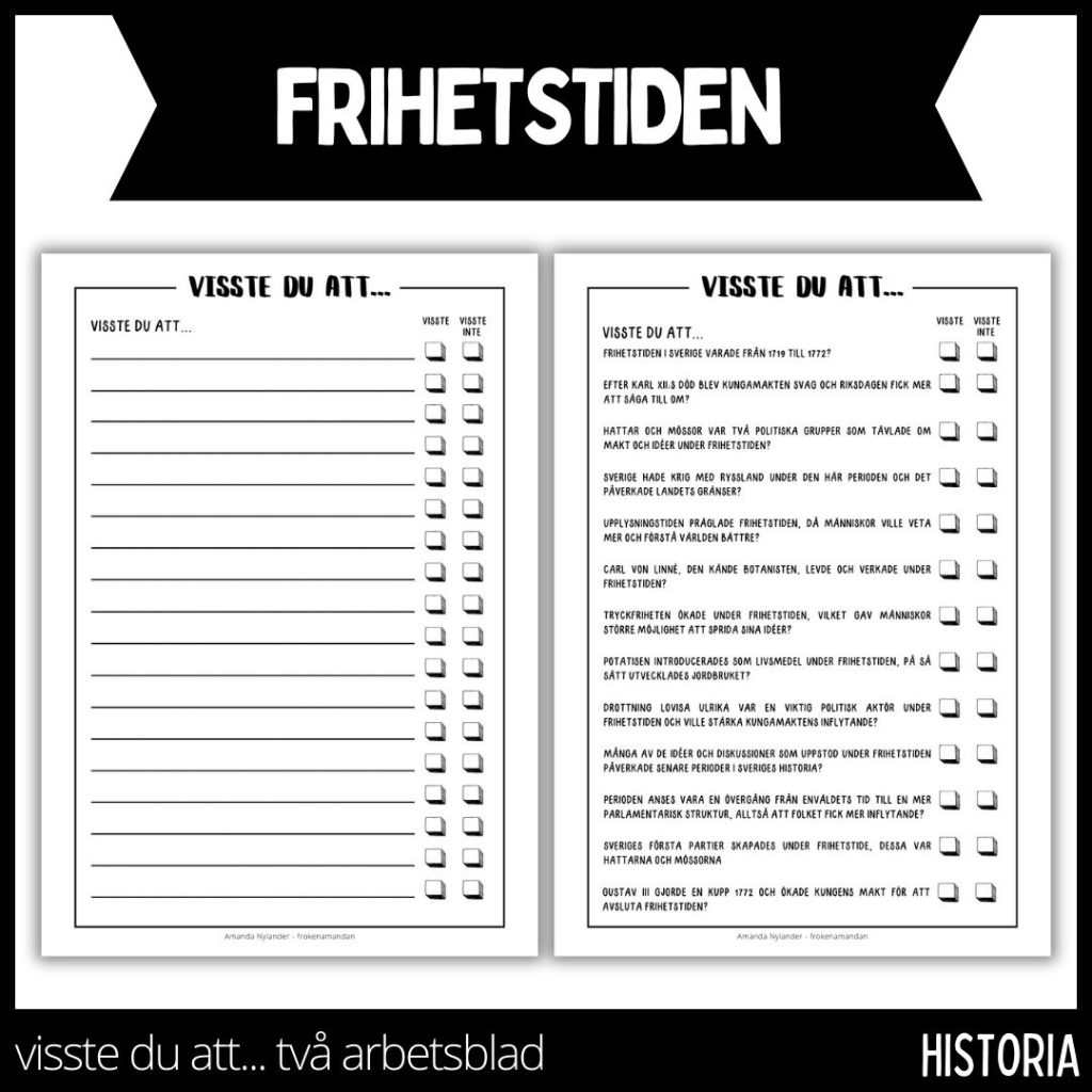 Frihetstiden – visste du att – arbetsblad