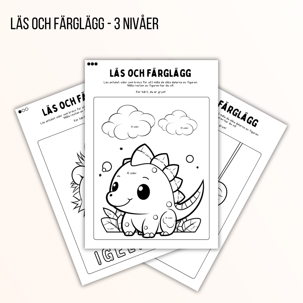 Läs och färglägg – 3 nivåer (15 arbetsblad)