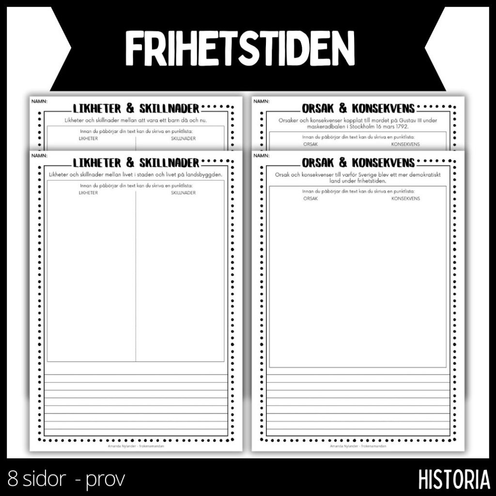 Frihetstiden – prov – 4 frågor – 8 sidor