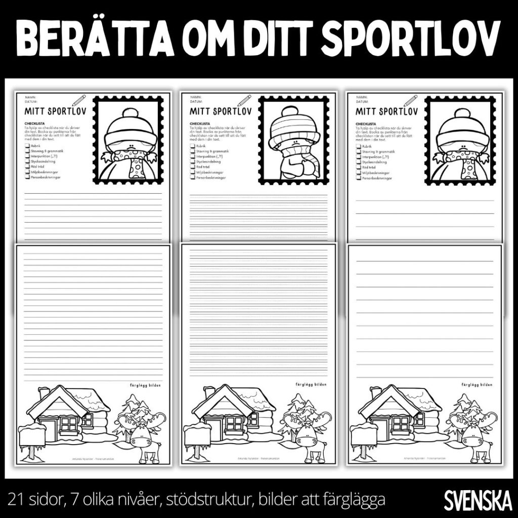 Berätta om ditt sportlov – skrivmallar – 7 nivåer, 21 sidor – bilder att färglägga