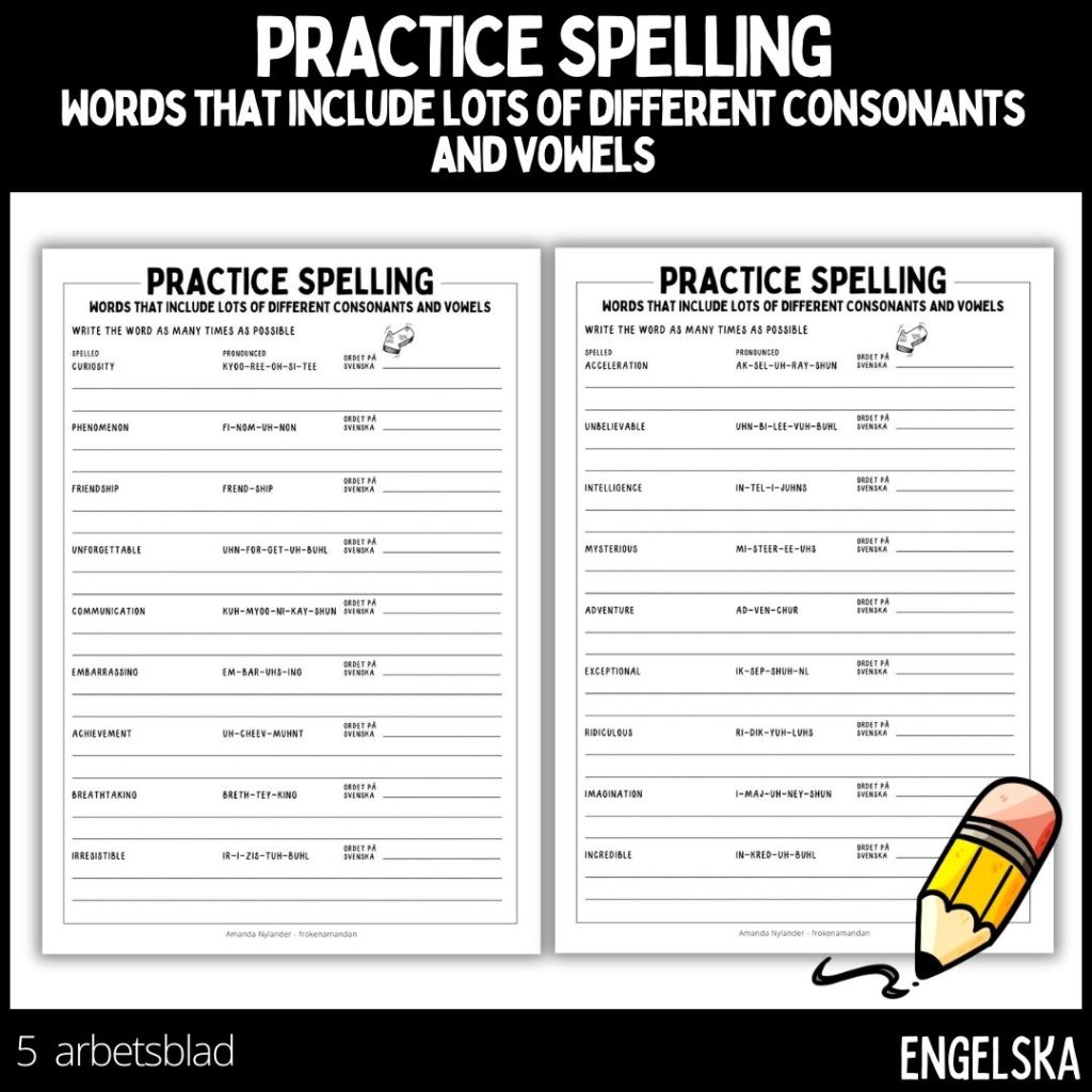 Practice spelling – words that include lots of different consonants and vowels – 5 arbetsblad