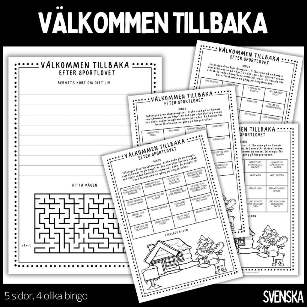 Välkommen tillbaka – efter sportlovet – 5 sidor – innehåller 4 olika bingon