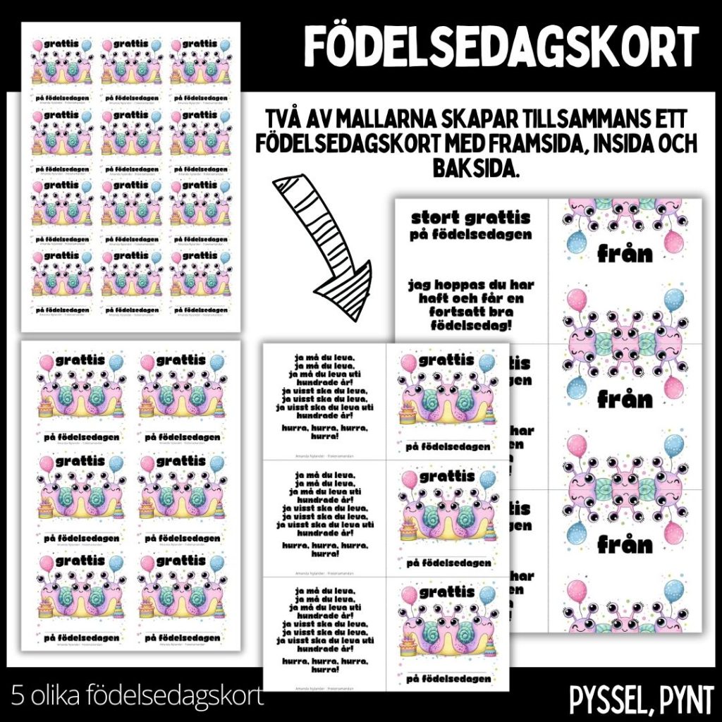 Födelsedagskort – materialpaket med fyra olika designs som tillsammans kan bilda fem olika födelsedagskort