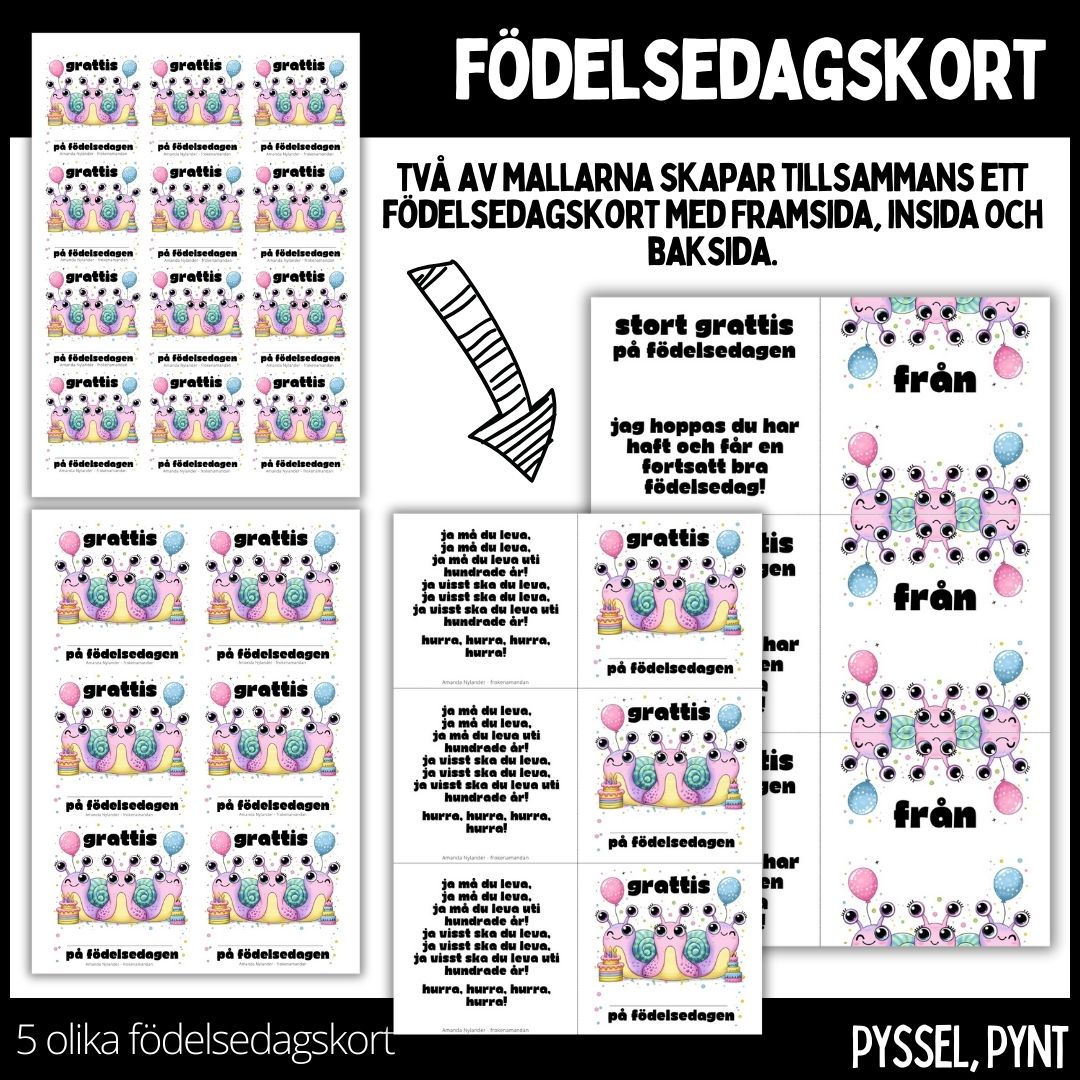 Födelsedagskort - materialpaket med fyra olika designs som tillsammans kan bilda fem olika födelsedagskort