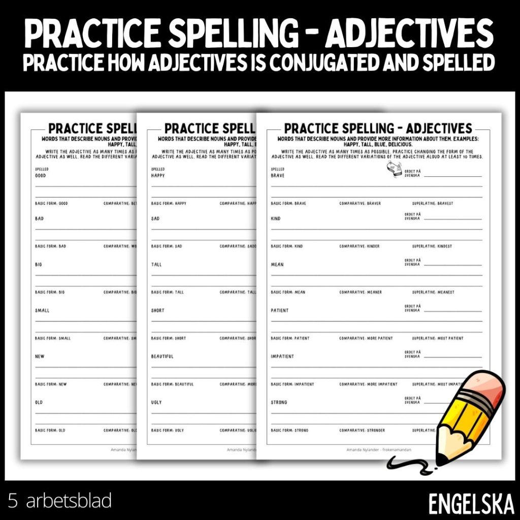 Practice spelling – adjectives, practice how adjectives is conjugated and spelled – 5 arbetsblad