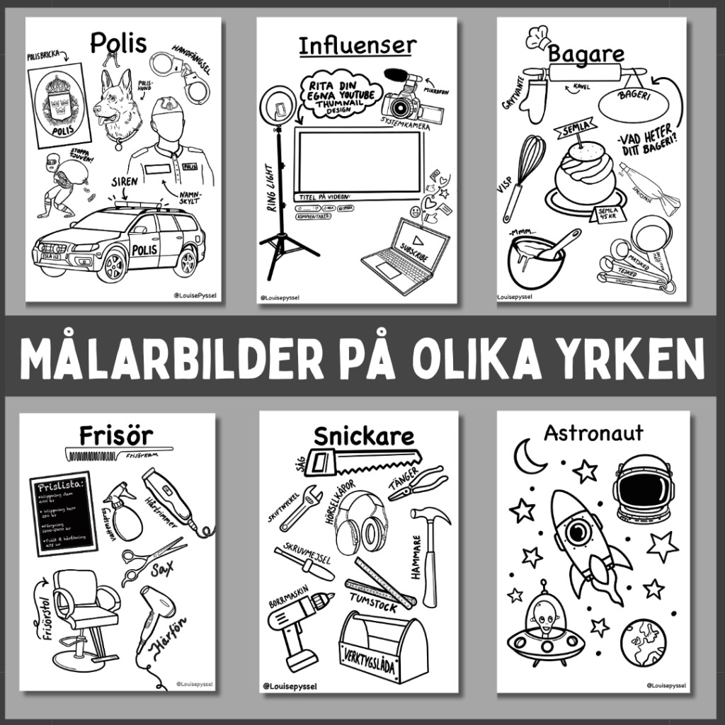 Måladerbilder på 6 st olika yrken