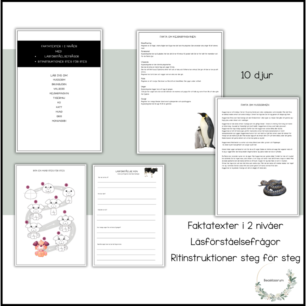 Faktatexter om 10 djur – 2 nivåer