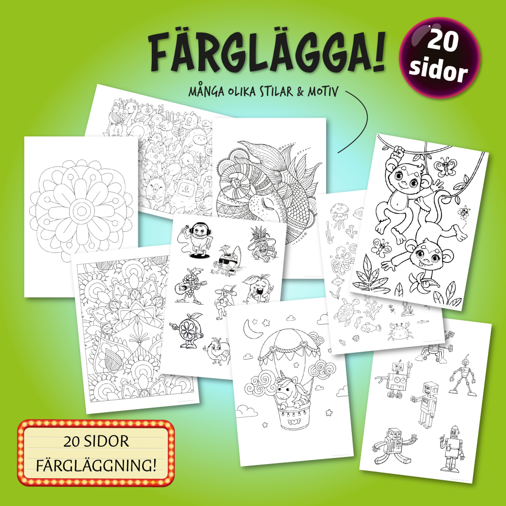 Färglägga – 20 olika motiv!