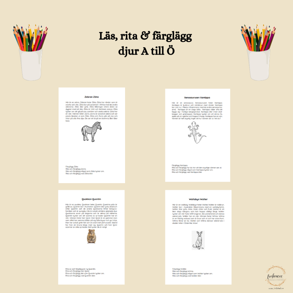 Läs, rita och färglägg djur A – Ö
