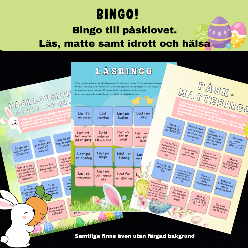 3 st olika bingo till påsklovet, läs, matte, idrott