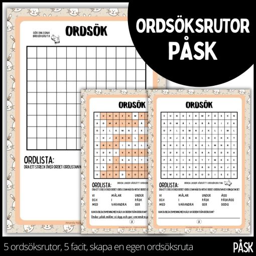 Ordsöksrutor - påsktema - arbetshäfte på 10 sidor